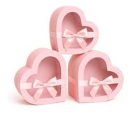 Home Garden Ornaments 3pc Heart Shaped Gift Boxes for Presents with Transparent Lid & Ribbon Bow - Pink