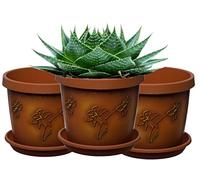 Home Garden Ornaments Plant Pots Indoor 17cm Diameter Set of 3 - Plastic Plant Pot with Original Motif of Terracotta - Flower Pots with Plant Pot Saucers (17 cm (6.69 inch), Terracotta)