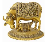 Home Genie Brass Kamdhenu Cow with Calf Idol for Home Temple Pooja Decor | Gau MATA Statue | Antique Finish | 8.5x10.5x8 cm | Hindu Vastu Gift | 305g
