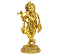 HOME GENIE Brass Krishna Idol Playing Flute | 12 Inch Tall Hindu God Statue for Home Mandir, Office Decor, Janmashtami Gift & Pooja Room | 175g | 5.5x4.5x12 cm Figurine