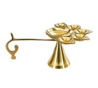Home Genie Brass Panch Aarti Diya with Handle | 5-Wick Oil Lamp for Pooja, Temple, Festival Use & Spiritual Decor | Traditional Handmade Brass Aarti Lamp with Stand