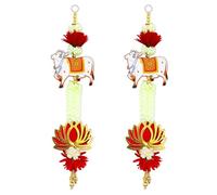 Home Genie Cow & Lotus Hanging Latkan Set with Red Floral Accent & Jasmine Garland | Traditional Vertical Door Decor for Mandir, Diwali, Festivals, Indian Home Temple & Vastu Entrance