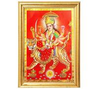 HOME GENIE Durga Mata Photo Frame for Home Temple | Religious Wall Décor with Gold Border | Hindu Goddess on Tiger for Pooja Room, Office, Festival Gifting