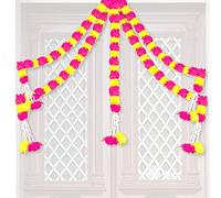 Home Genie Genda Phool Artificial Marigold Fluffy Flower/Genda Phool Garlands String for Diwali, Navratri, Durga Pooja Festival Office Decoration - 5 Piece (Yellow and Pink)