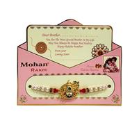 HOME GENIE Krishna Rakhi for Brother - Divine Raksha Bandhan Bracelet with Pearl & Red Beads - With Blessings Card from Loving Sister