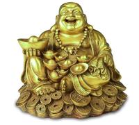 HOME GENIE Laughing Buddha Idol on Wealth Coins | Feng Shui Prosperity Statue | Gold Finish Showpiece for Home & Office | Blessings of Abundance & Happiness | Size