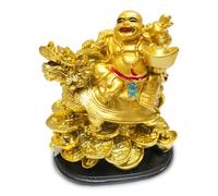 HOME GENIE Laughing Buddha with Dragon on Money Coins Feng Shui Statue for Wealth, Success & Prosperity - Gold Finish Laughing Buddha Figurine for Home & Office Décor