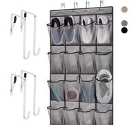 HOME GENIE Over the Door Hanging Shoe Organizer, 24 Breathable Mesh Pockets, Closet Rack Storage Holder, Stay in Place Hooks Hang on Closets, Hanger Holds Up to 40 lbs for Shoes, Accessories, Gray