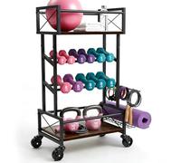 Home Gym Storage Rack with Wheels, Yoga Mat Storage Rack Small Dumbbell Weight Rack, 4 Tier Multi-functional Wood Metal Gym Equipment Storage Rack Workout Cart for Women Kettlebell Fitness Organizer