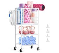 Home Gym Storage Rack, Workout Equipment Storage, Weight Rack for Dumbbells, Yoga Mat Storage Rack, Exercise Equipment Storage with Hooks Gym Organizers with Wheels for Yoga Block, Resistance Band,