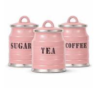 Home Harbour Ashbury Collection Set of 3 Tea Coffee Sugar Canisters | Ceramic Kitchen Storage Jars with Airtight Loop Lids | Countertop Organiser Classic British Chrome Gloss Finish, 0.9L (Pink)