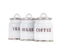Home Harbour Ashbury Collection Set of 3 Tea Coffee Sugar Canisters | Ceramic Kitchen Storage Jars with Airtight Loop Lids | Countertop Organiser Classic British Chrome Gloss Finish, 0.9L (White)