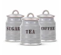 Home Harbour Ashbury Collection Set of 3 Tea Coffee Sugar Canisters | Ceramic Kitchen Storage Jars with Airtight Loop Lids | Countertop Organiser Classic British Chrome Gloss Finish, 0.9L (Grey)