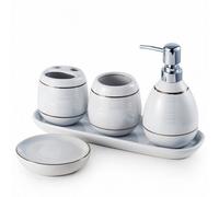 Home Harbour Ceramic Haven Luxe White Collection Oval Set Of 5 Bathroom Accessories Soap Dispenser Toothbrush Holder Multipurpose Holder