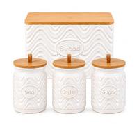 Home Harbour Clairmont Collection | Set of 3 Ceramic Tea, Sugar Coffee Canisters Bamboo Airtight Lids | Storage Jars Containers | Caddy Sets Kitchen Accessories (White Glaze - Set of 4 with Bread Bin)