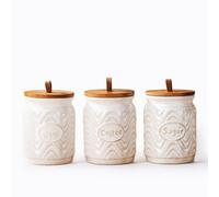Home Harbour Clairmont White Glaze Collection Set Of 3 Ceramic Tea Sugar Coffee Canisters With Bamboo Airtight Lids Storage Jars