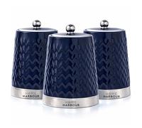 Home Harbour Eden Collection Set of 3 Tea Coffee Sugar Canisters | Modern Ceramic Gloss Jars with Airtight Lids | Storage Jars for Kitchen Countertop Organisation Chrome Ball Lid (Blue)