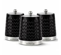 Home Harbour Eden Collection Set of 3 Tea Coffee Sugar Canisters | Modern Ceramic Gloss Jars with Airtight Lids | Storage Jars for Kitchen Countertop Organisation Chrome Ball Lid (Black)