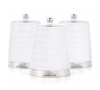 Home Harbour Eden Collection Set of 3 Tea Coffee Sugar Canisters | Modern Ceramic Gloss Jars with Airtight Lids | Storage Jars for Kitchen Countertop Organisation Chrome Ball Lid (White)