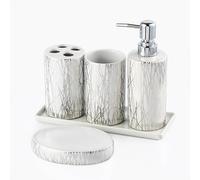 Home Harbour Modern Bathroom Collection | Set of 5 Bathroom Accessories | Soap Dispenser, Toothbrush Holder, Storage Holder, Tumbler, Tray Dish | Silver & White Décor Organiser (Set of 5 Collection)