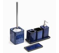 Home Harbour Zen Essence Collection | 6-Piece Blue Bathroom Accessories Set | Soap Dispenser, Toothbrush Holder, Tumbler, Vanity Tray, Multipurpose Holder & Toilet Brush Holder Ceramic (Set of 6 Blue)