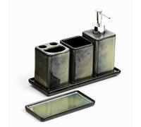 Home Harbour Zen Essence Fambe Collection | 5-Piece Green Bathroom Accessories Set |Soap Dispenser, Toothbrush Holder, Tumbler, Vanity Tray,& Multipurpose Holder | Stoneware Organiser (Set of 5 Green)