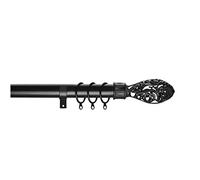 Home Harmony® Acorn Geo Finial Telescopic Extendable Curtain Pole set In Black or Silver and Matching Holdbacks Available (Black, 120-210 cm)