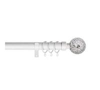 Home Harmony® Cut Glass Ball Finial Telescopic Extendable Curtain Pole set In Black or Silver and Matching Holdbacks Available (White, 120-210 cm)