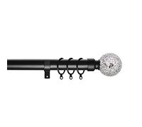 Home Harmony® Cut Glass Ball Finial Telescopic Extendable Curtain Pole set In Black or Silver and Matching Holdbacks Available (Black, 120-210 cm)