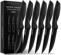Home Hero Steak Knives, Sharp Knives Set, High-Carbon Stainless Steel Steak Knife Set, Ergonomic Handles Serrated Steak Knives (6 Pcs - Black)