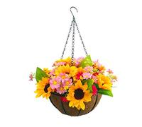 Home Holiday And Wedding Decoration Chain Hanging Basket Yellow And Pink Artificial Daisy Flower Lively And Lovely Silk Yellow Artificial Sunflowers (Medium Basket)