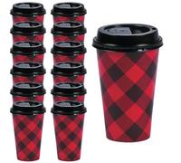 HOME & HOOPLA Red & Black Buffalo Plaid Hot Beverage Disposable Coffee Cups in 16 Ounce Size, Set of 12 Cups and Lids