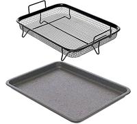 Home Icon Non-Stick Elevated Oven Grill Tray for Crispy Crisps Without Oil - Ceramic Baking Crisper Basket with Easy Cleaning - 2pc Set