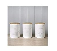 Home In Style Rustic Elegant 3 Count White Ceramic Marble Effect Air Tight Canisters with Wooden Lids for Tea Storage
