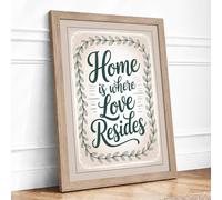 Home is Where Love Resides Typography Framed Wall Art Print A3 Oak