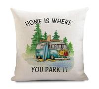 Home Is Where You Park It Pillow Cover 16x16inch Happy Camper Cotton Linen Outdoor Cushion Sham Farmhouse Adventure Awaits Accent Square Decorative Pillow Case for Sofa Bedroom Home Décor