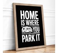 Home Is Where You Park It Typography Framed Wall Art Print A3 (42×29.7cm) Oak, Wall Decor for Living Room, Bedroom, Office & Home, Ready to Hang, Art Gift