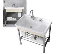 Home Kitchen Sinks Laundry Room Sink,Ceramic Freestanding Kitchen Utility Sink,Modern Single Sink Bathroom Vanity Set,with Stainless Steel Shelf and hot Cold Water Faucet,for Farmhouse Bathr
