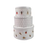 Home-Kitchen-Pets Set of 3 Round Nesting Airtight Cake Storage Tins with Lids - Large, Medium, and Small Food Containers for Biscuits, Sweets, and Bakery Items - Bee and Ladybug Print Design