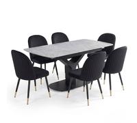 HOME LUXE INTERIOR Sapphire 140-180cm Extending Grey Quartz Table & 6 Black Liza Chairs HOME LUXE INTERIOR Grey