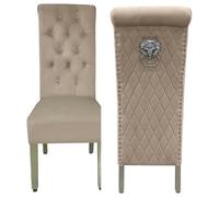 Home Luxe Interiors Pair Of 2 Sofia Beige Mink Chairs With Silver Legs And Lion Knocker