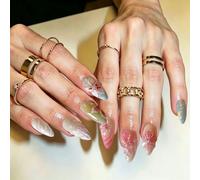 Home Manicure Press-on Set, Glossy Almond Shape False Nails with 3D Floral Raised Art, 30 Piece Set for Party and Wedding Guest Looks Shell Inspired Manicure Raised Floral Tips Pastel Gradient Tabs