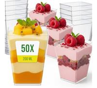 Home Markt24 Dessert Cups 200ml Set of 50 - Reusable Clear Plastic Cups for Mousse, Pudding, Tiramisu, Fruit Salad - Square Dessert Glasses for Party, Wedding, Catering