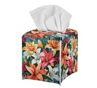 Home Modern Decorative Square Tissue Holder Tropical Floral Tissue Box Cover Cube PU Leather Facial Paper Organizer Dispenser for Living Room Bedroom Bathroom