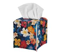 Home Modern Decorative Square Tissue Holder Tropical Hibiscus Tissue Box Cover Black Cube PU Leather Facial Paper Organizer Dispenser for Living Room Bedroom Bathroom