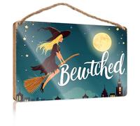 Home Office Door Signs Funny A Witch Flying On A Broom Under A Full Moon With The Word "Bewitched" Room Accessories For Men Fall Front Porch Decor(20X30CM)