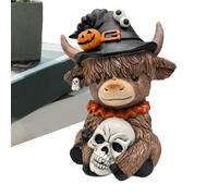 Home Office Resin Halloween Figurine Spider Pumpkin Highland Cow Statue 8x10.5cm Decorative Ornament Halloween Decorative Resin Figurine for Office Showcase for Desktop Tabletop Living Room