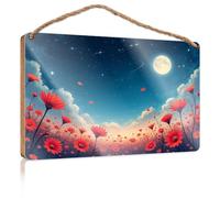 Home Office Signs for Doors Funny A Field of Red Flowers Under A Starry Sky with A Full Moon Signs for Bathroom Farmhouse Bathroom Sign(23X35CM)