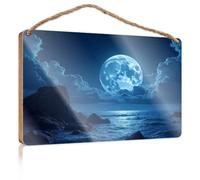 Home Office Signs for Doors Funny A Full Moon Shines Brightly Over The Ocean Wooded Sign Signs for Kitchen Boys Bedroom Decorations(23X35CM)