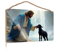 Home Office Signs for Doors Funny A Man in Blue Robes Kneels Beside A Black Lamb Near A Waterfall Wooded Sign Signs for Kitchen Boys Bedroom Decorations(20X30CM)